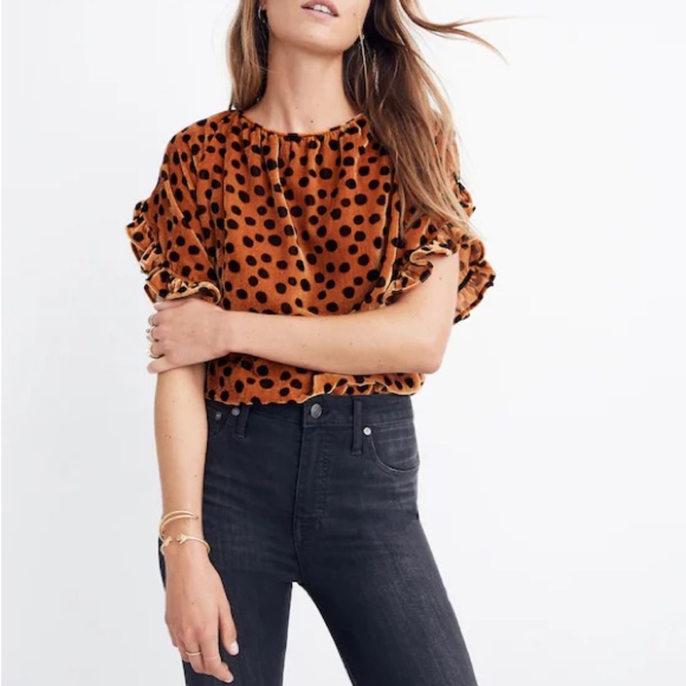 Madewell Velvet Memento Ruffle-Sleeve Top in Leopard Dot Peplum short sleeves
